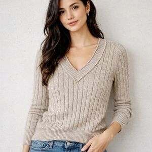 LOFT Cable Knit Metallic V-Neck Wool Blend Sweater XS
